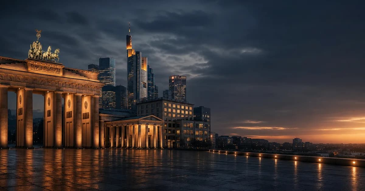 Porte de Brandebourg et gratte-ciel de la finance allemande au crépuscule — gestion de patrimoine des expatriés français en Allemagne, Hagnéré Patrimoine