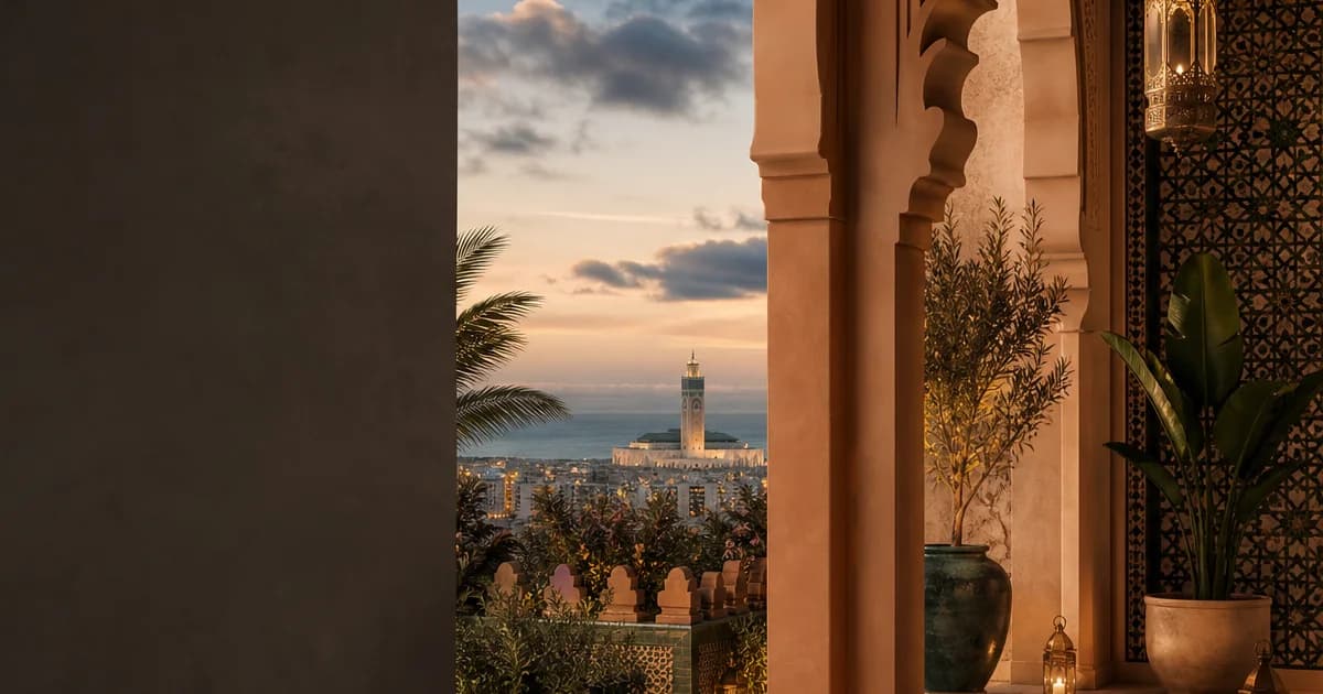 Mosquée Hassan II vue depuis un riad de Casablanca au coucher du soleil — gestion de patrimoine des expatriés français au Maroc, Hagnéré Patrimoine