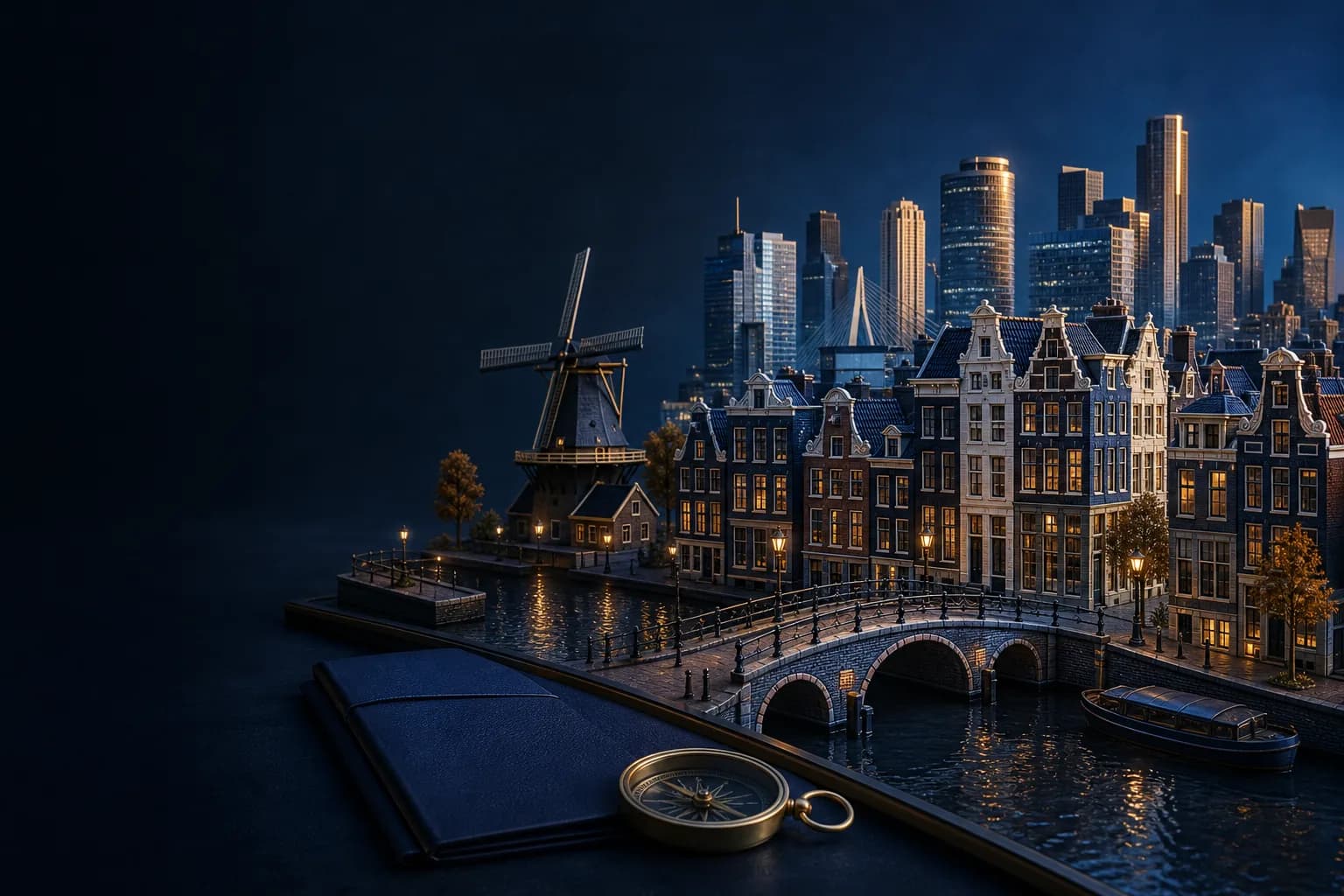 Diorama 3D des canaux d’Amsterdam, d’un moulin et de l’architecture contemporaine de Rotterdam