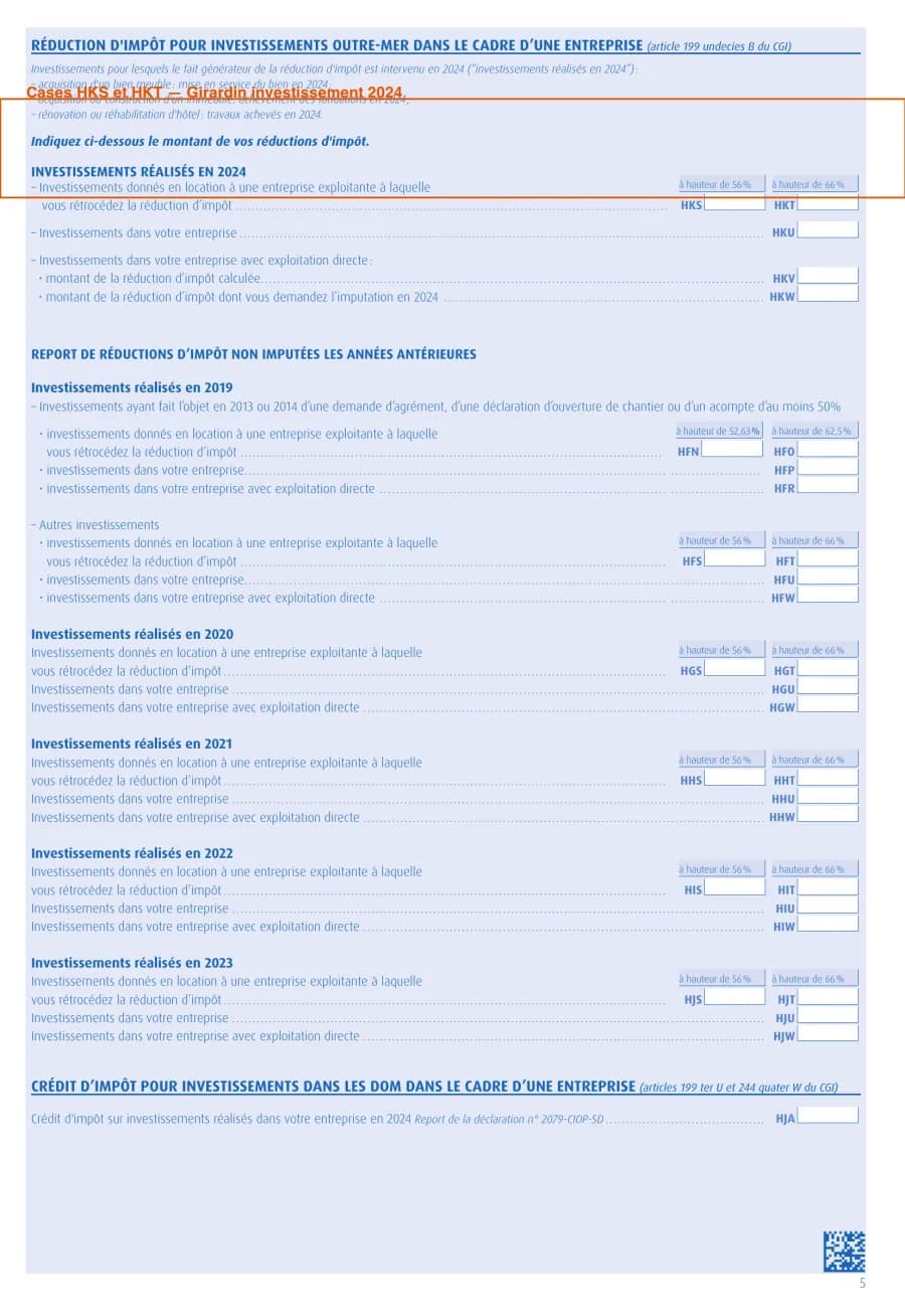Formulaire 2042-IOM section Girardin industriel — rubrique des investissements de l'année et cases de rétrocession 56 % et 66 % encadrées en orange