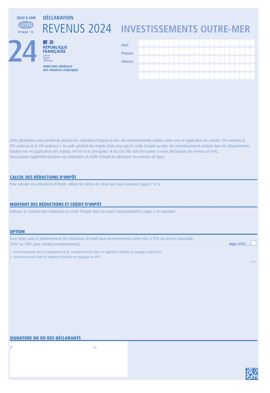 Couverture du formulaire 2042-IOM Déclaration Revenus 2024 Investissements Outre-Mer DGFiP