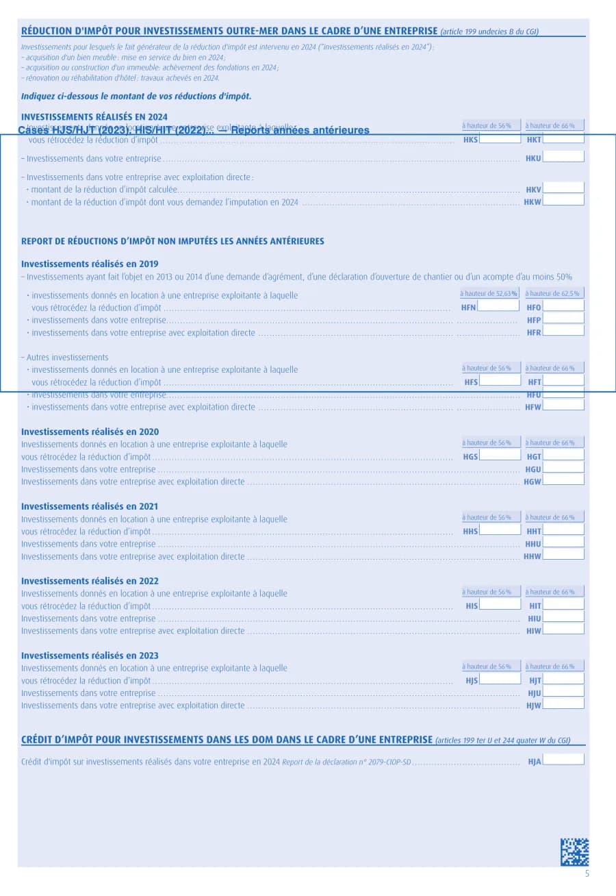 Formulaire 2042-IOM section reports années antérieures 2042-IOM — cases HJS HIS HHS HGS