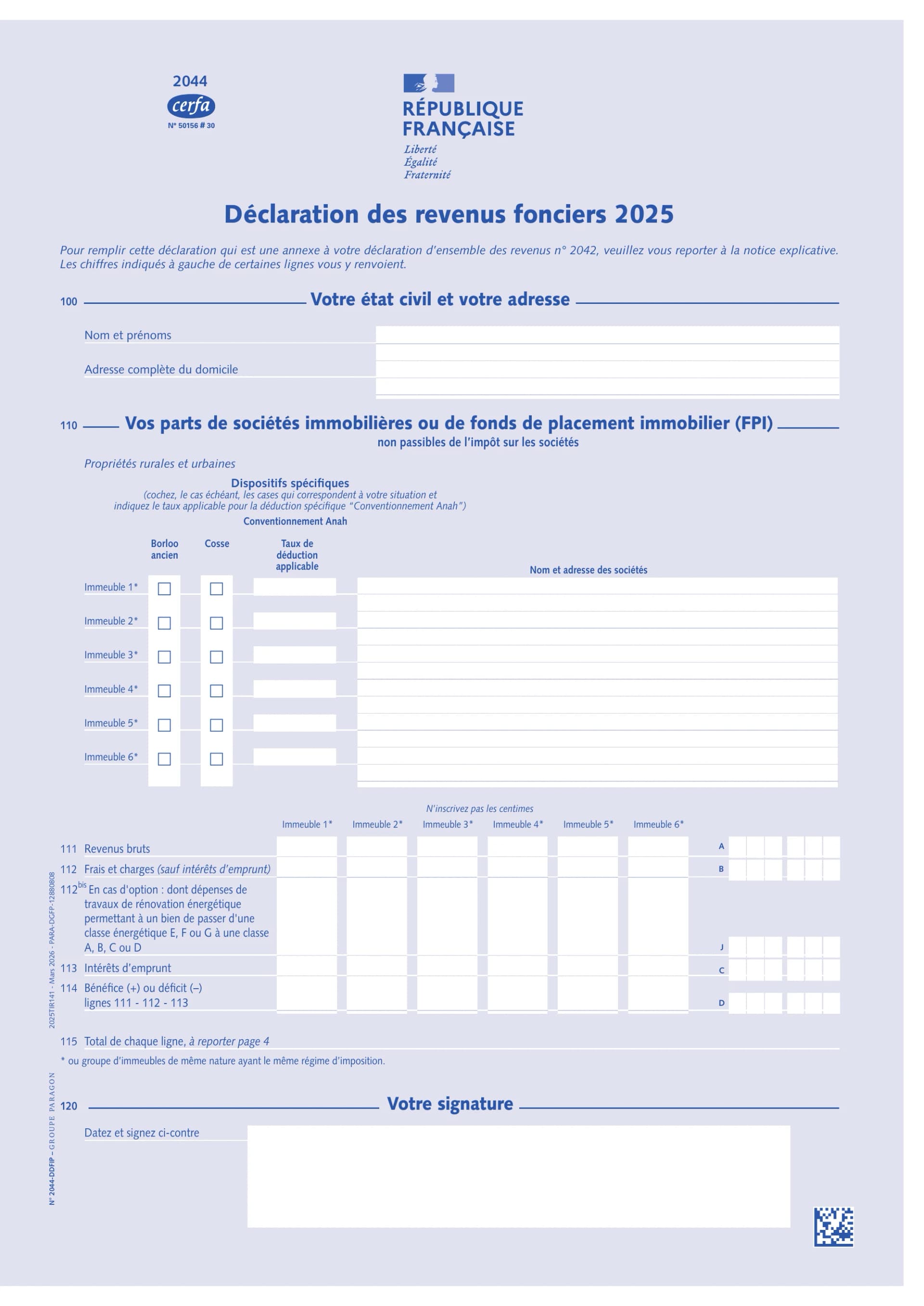 Formulaire 2044 page 1 — état civil, parts de sociétés immobilières, lignes 111, 112, 112 bis, 113, 114 et 115