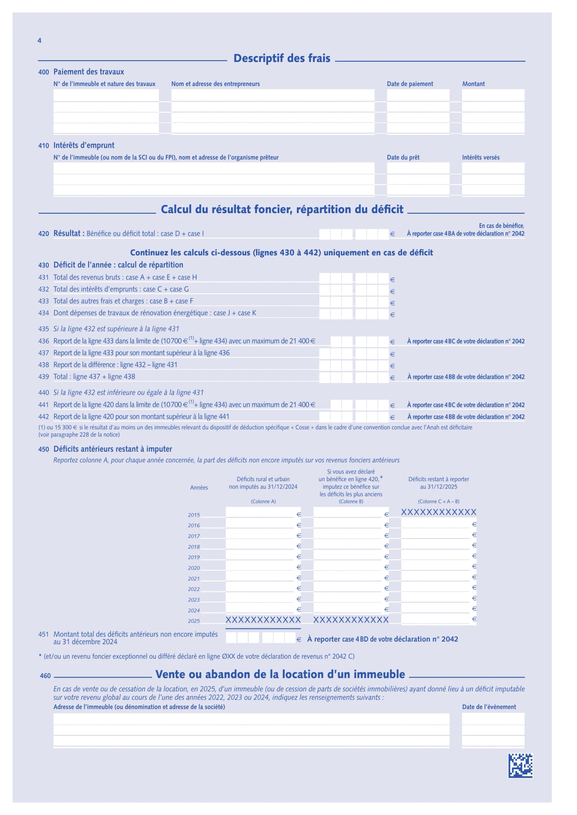 Formulaire 2044 page 4 — descriptif travaux rubrique 400, intérêts rubrique 410, résultat ligne 420, répartition déficit lignes 430-442