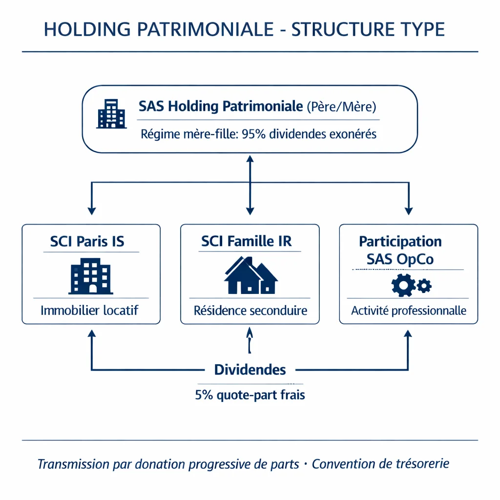 Schéma d'une holding patrimoniale : SAS Holding en tête avec SCI Paris IS, SCI Famille IR et participation SAS OpCo en filiales