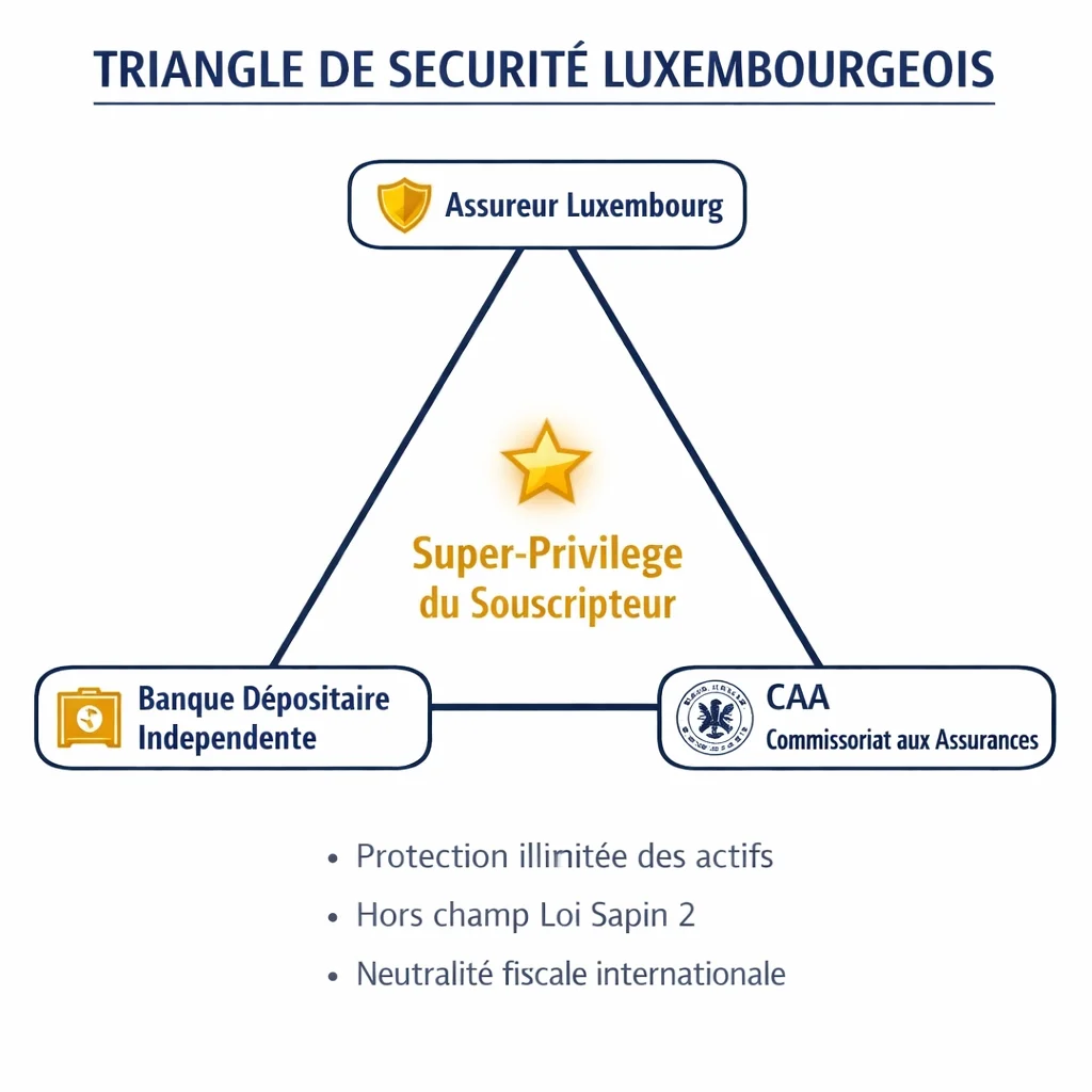 Schéma du triangle de sécurité luxembourgeois : Assureur, Banque Dépositaire et CAA avec super-privilège du souscripteur